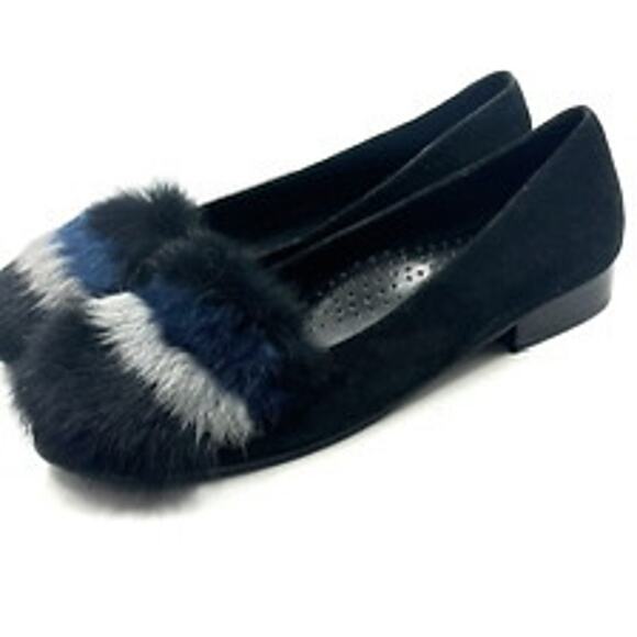 VANELi Edel Black Suede Combo Rabbit Fur Black Blue Gray Flat Slip On Flats 7.5W - Picture 3 of 7